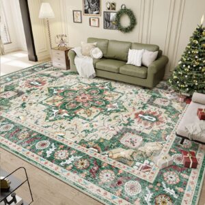 vamcheer washable area rug - green vintage 5x7 area rugs for living room, bedroom, machine washable rug non-slip backing, ultra-soft low pile carpet