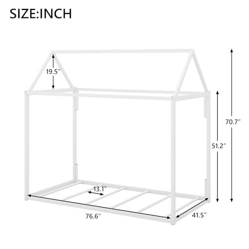 Metal Twin Size Montessori Floor Bed for Kids,Floor Bed Twin,House Bed with Slats for Boys Girls,Metal House Shape Platform Bed,No Spring Box Required,White