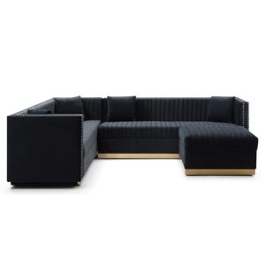 FANYE 3 Pieces Contemporary Sofa&Couch Vertical Channel Velvet Tufted Include 3 Seaters Couch*2 and Ottoman, Two 3seaters Sofas+Ottoman with Gold Metal Strip Decor for Living Room Sets