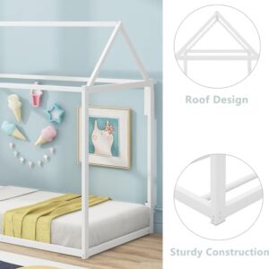 Metal Twin Size Montessori Floor Bed for Kids,Floor Bed Twin,House Bed with Slats for Boys Girls,Metal House Shape Platform Bed,No Spring Box Required,White