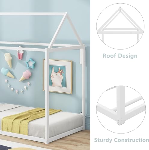 Metal Twin Size Montessori Floor Bed for Kids,Floor Bed Twin,House Bed with Slats for Boys Girls,Metal House Shape Platform Bed,No Spring Box Required,White