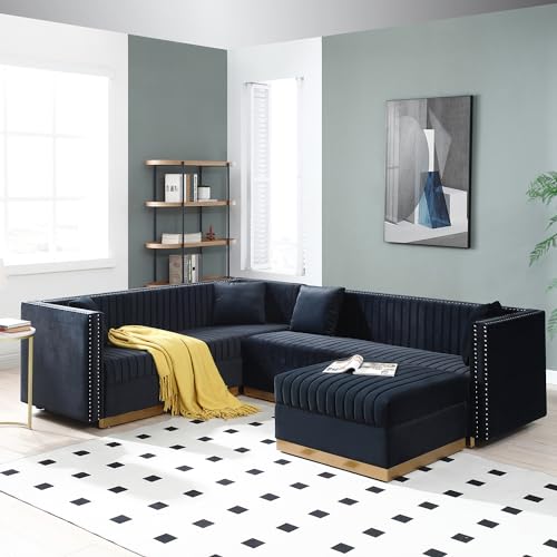 FANYE 3 Pieces Contemporary Sofa&Couch Vertical Channel Velvet Tufted Include 3 Seaters Couch*2 and Ottoman, Two 3seaters Sofas+Ottoman with Gold Metal Strip Decor for Living Room Sets