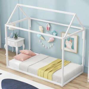 Metal Twin Size Montessori Floor Bed for Kids,Floor Bed Twin,House Bed with Slats for Boys Girls,Metal House Shape Platform Bed,No Spring Box Required,White