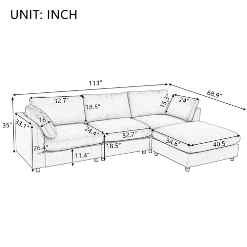 Eafurn Deep Seat Convertible Sectional Sofa with Extra Wide Chaise Lounge, 3-Seater L-Shaped Modular Corner Couch, Polyester Blend Upholstered Oversized Two-Piece Sofa&Couches for Living Room