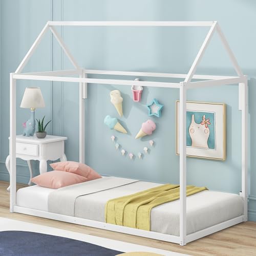 Metal Twin Size Montessori Floor Bed for Kids,Floor Bed Twin,House Bed with Slats for Boys Girls,Metal House Shape Platform Bed,No Spring Box Required,White