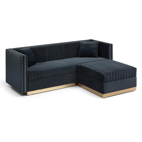 FANYE 3 Pieces Contemporary Sofa&Couch Vertical Channel Velvet Tufted Include 3 Seaters Couch*2 and Ottoman, Two 3seaters Sofas+Ottoman with Gold Metal Strip Decor for Living Room Sets