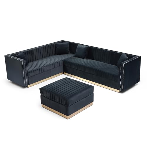 FANYE 3 Pieces Contemporary Sofa&Couch Vertical Channel Velvet Tufted Include 3 Seaters Couch*2 and Ottoman, Two 3seaters Sofas+Ottoman with Gold Metal Strip Decor for Living Room Sets