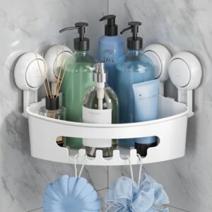 taili corner shower caddy with suction cups, wall mounted shower organizer plastic shower rack for small bathrooms, kitchen, removable drill-free heavy duty shower shelf shower basket, white