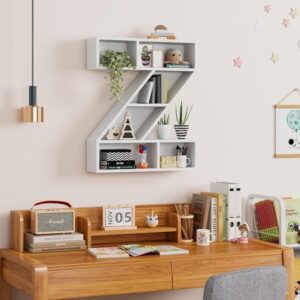 Beskadi White Wooden Letter Z Shelf - Floating Kids Bookshelf Wall Mounted, Z Letter Floating Shelves for Kids Room, Rectangle Bookcase for Wall Storage, Modern Display Shelves for Living Room,Bedroom