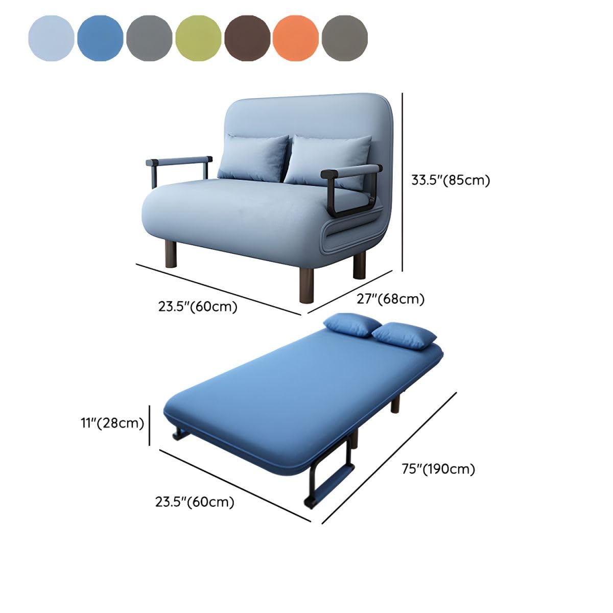 KWOKING Square Arms Sofa Bed Line Upholstered with Solid Wood Legs & Pillows Folding Sofa Bed Dual-use Lunch Break Bed Office Double Balcony Multi-Function Bed Dark Coffee Twin 24" L x 27" W x 33" H