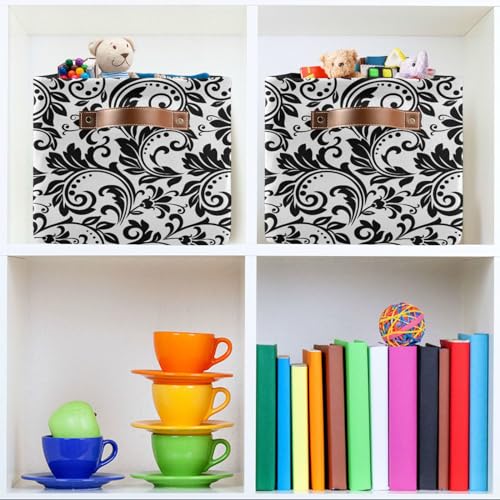 YETTASBIN Black Damask Storage Basket 2pc, Large Collapsible Toys Clothes Organizer, Long-Lasting Canvas Storage Bin with Handle for Shelves Closet Laundry Home Office Decor