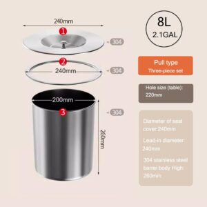 LEASYLIFE 8L/2.1GAL Kitchen Cabinet Countertop Built-in Stainless Steel Trash Can,Built-in Countertop Trash Can, Countertop Lid, Embedded Trash Bin Trash Chute with Lid (8L-Set（Silver)