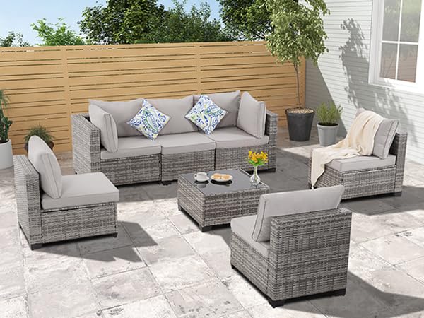 HYDRAGARDEN 7 Pieces Outdoor Sectional Sofa Sets Rattan Wicker Patio Conversation Sets All Weather Patio Furniture Sets with Cushions and Glass Table for Garden Balcony Backyard, Gray/Gray