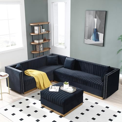 FANYE 3 Pieces Contemporary Sofa&Couch Vertical Channel Velvet Tufted Include 3 Seaters Couch*2 and Ottoman, Two 3seaters Sofas+Ottoman with Gold Metal Strip Decor for Living Room Sets