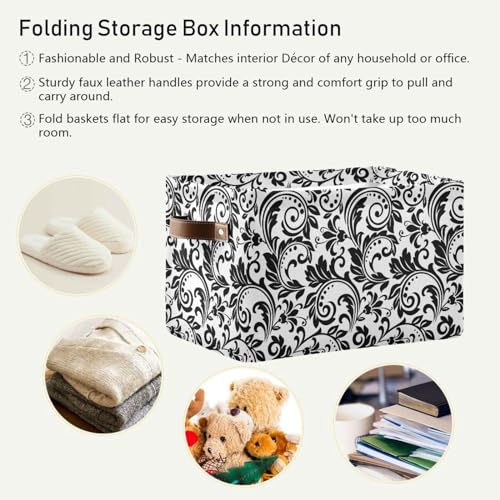 YETTASBIN Black Damask Storage Basket 2pc, Large Collapsible Toys Clothes Organizer, Long-Lasting Canvas Storage Bin with Handle for Shelves Closet Laundry Home Office Decor