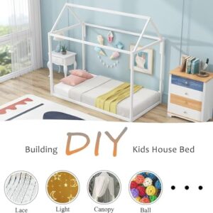 Metal Twin Size Montessori Floor Bed for Kids,Floor Bed Twin,House Bed with Slats for Boys Girls,Metal House Shape Platform Bed,No Spring Box Required,White