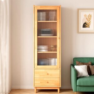 nelye wooden glass door bookcase - 4-tier cube bookshelf storage cabinet with double drawer and adjustable shelf, solid wood legs cupboard in pear yellow