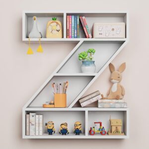 beskadi white wooden letter z shelf - floating kids bookshelf wall mounted, z letter floating shelves for kids room, rectangle bookcase for wall storage, modern display shelves for living room,bedroom