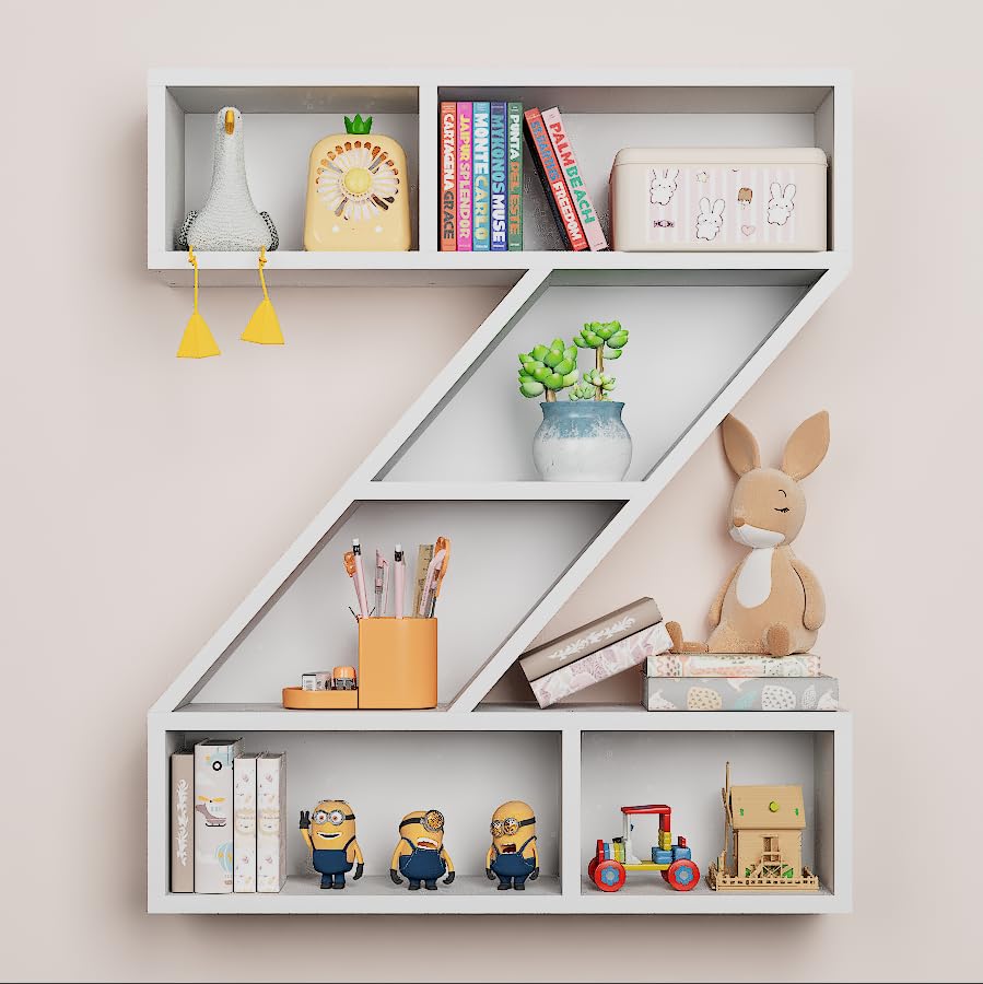 Beskadi White Wooden Letter Z Shelf - Floating Kids Bookshelf Wall Mounted, Z Letter Floating Shelves for Kids Room, Rectangle Bookcase for Wall Storage, Modern Display Shelves for Living Room,Bedroom