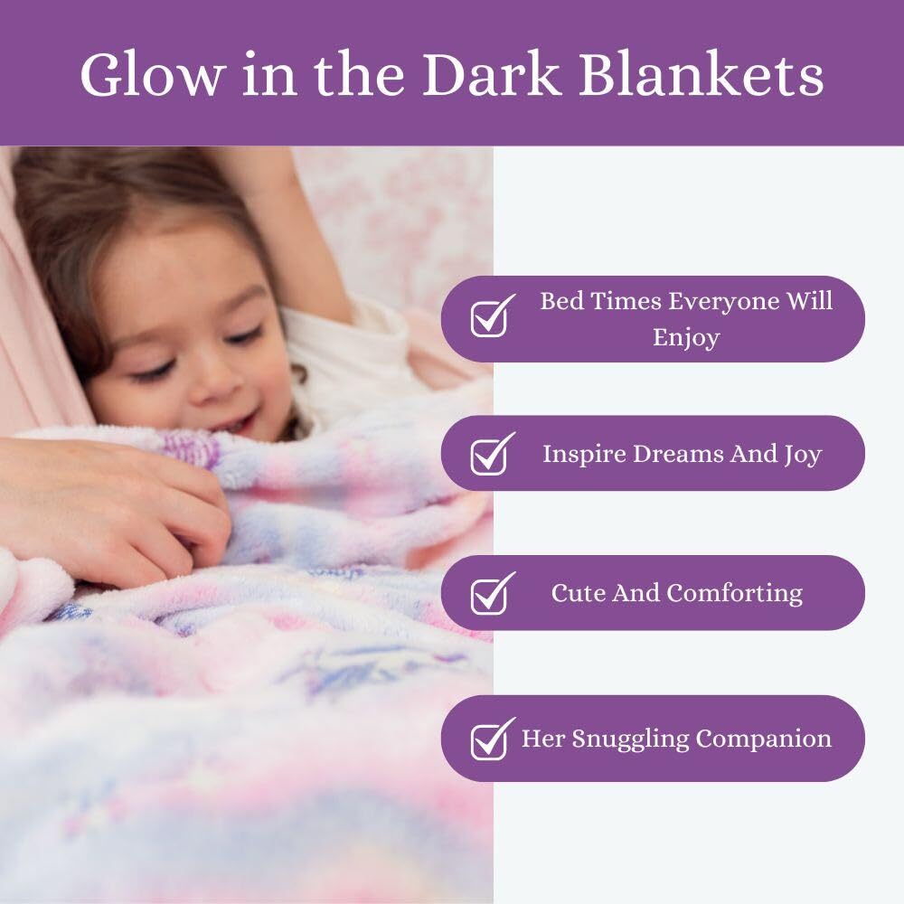 100 UNICORNS Glow in The Dark Unicorn Blanket | Ultra Soft | A Plush, Cozy & Fluffy Throw | Fun Gift for The Birthday Girl | Great Addition to Your Kids or Baby Bedroom Decor and Toys | Pink & Purple