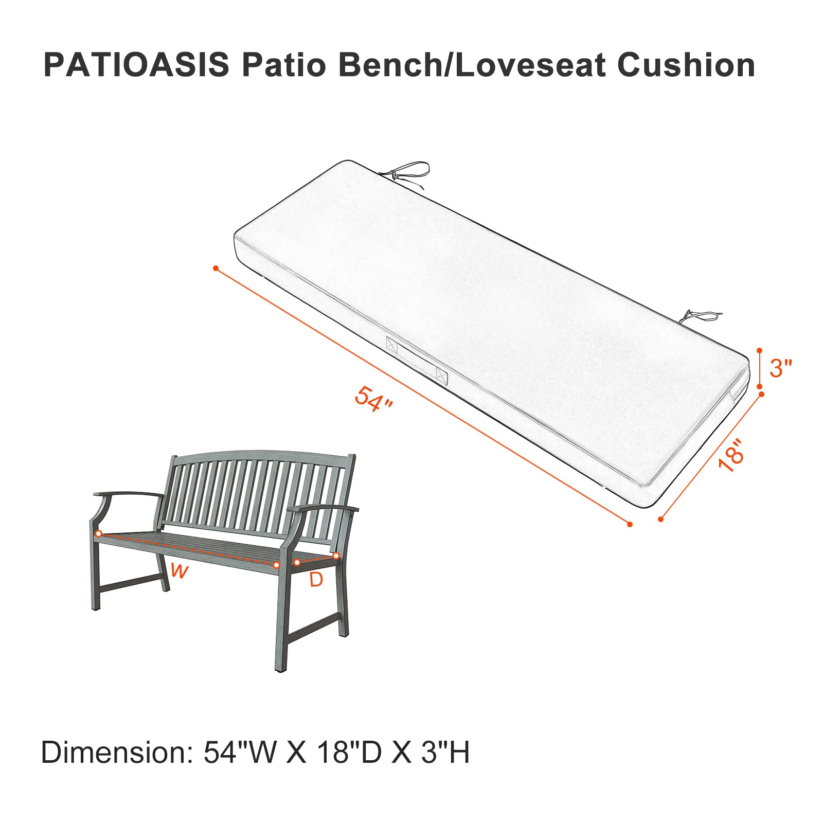 PATIOASIS Patio Sofa Cushion 54inch Water-Resistant Outdoor Bench Cushion for Patio Furniture Fade-Resistant Beige Long Seat Cushion with Tie