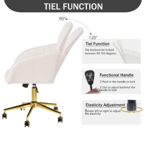 YITAI Velvet Office Desk Chair with Wheels and Gold Base,Modern Height Adjustable 360 Degree Swivel Upholstered Vanity Chairs with Arms for Living Room Bedroom, Study,Cream