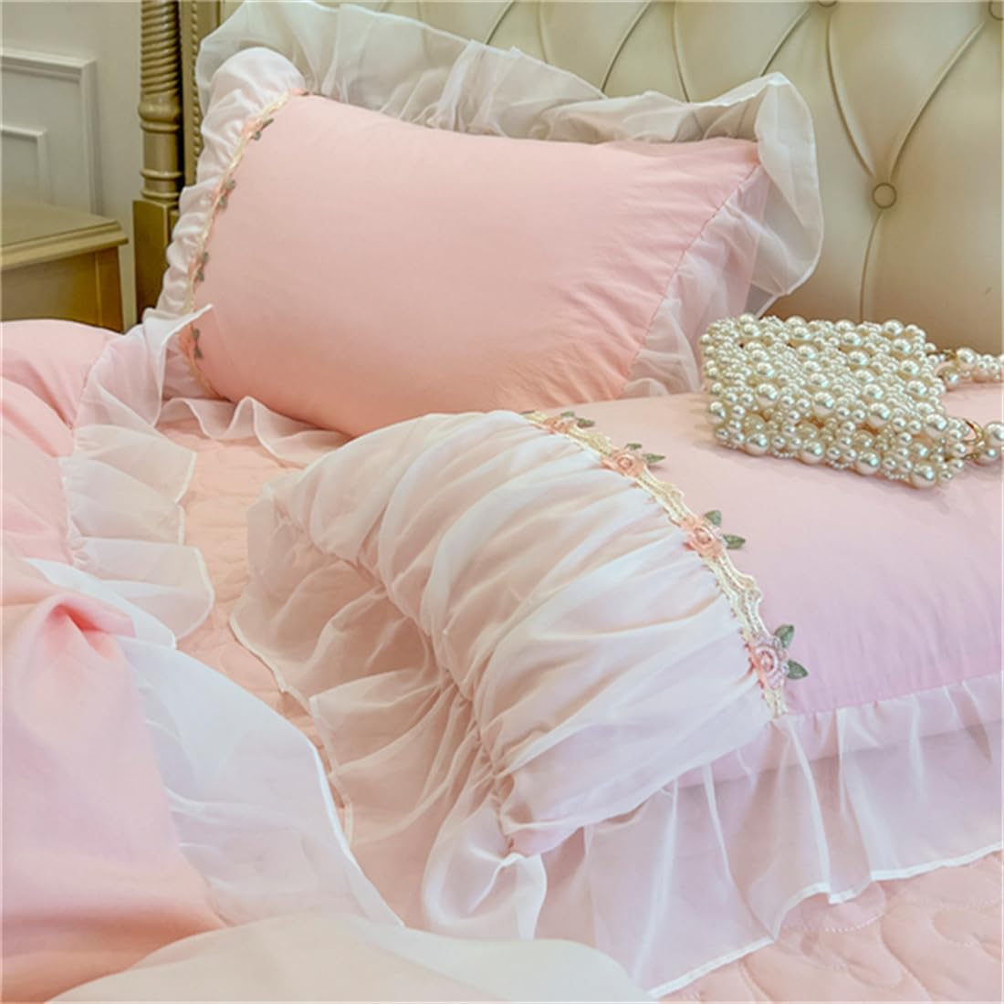 MOOWOO Pink Bedding-Romantic Ruffle Lace Bedding Set 2 Piece Comforter Twin Duvet Cover with Zipper Closure,Coquette Room Decor-Pink,Twin Size