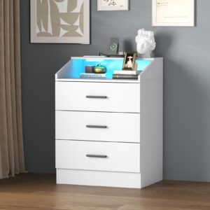 Gyfimoie 3 Drawer Dresser for Bedroom with Power Outlet, White Dresser with LED Light, Modern Dressers with Open Storage Cubby, Chest of Drawers Storage Organizer for Hallway, Living Room (White)…