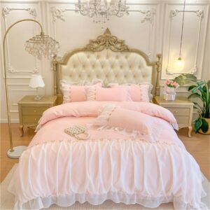 moowoo pink bedding-romantic ruffle lace bedding set 2 piece comforter twin duvet cover with zipper closure,coquette room decor-pink,twin size