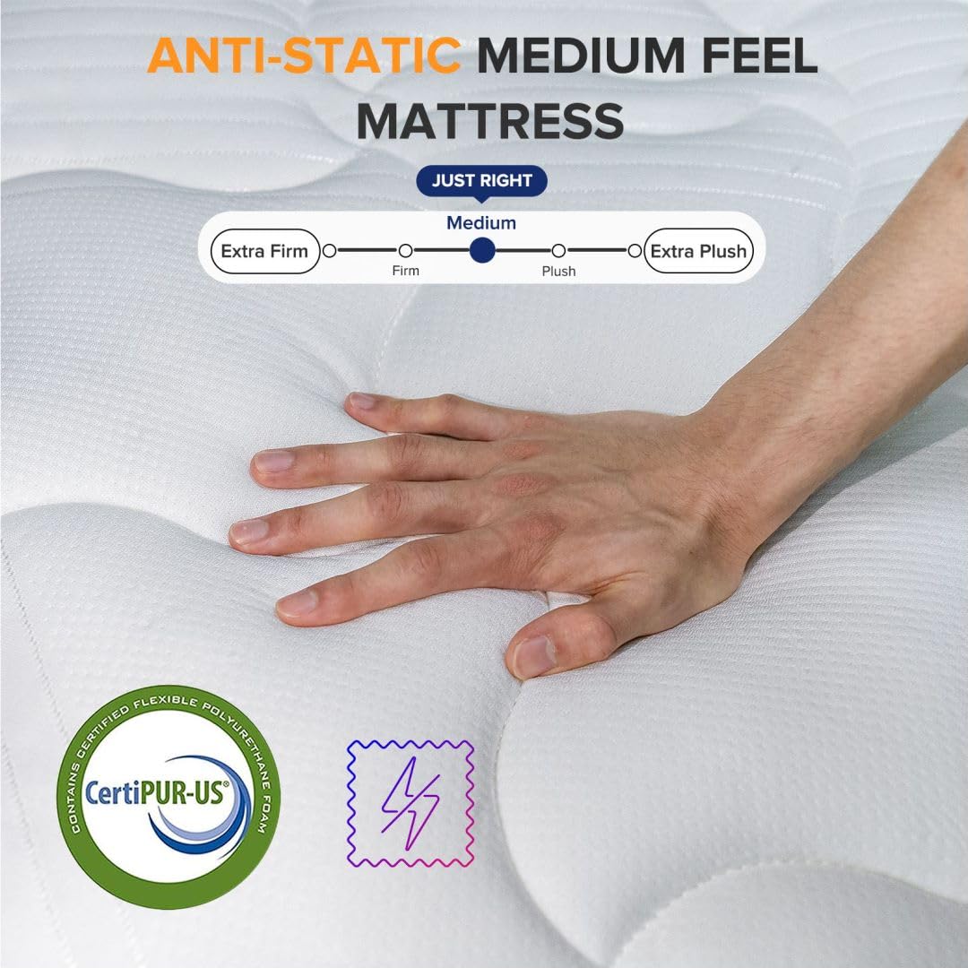 TXO King Size Mattress, 12 Inch Medium Firm Hybrid Mattress with Antistatic Breathable Euro Top Cover, Motion Isolation, Pressure Relief, King Mattress in a Box