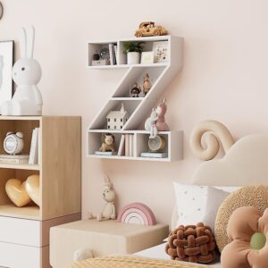 Beskadi White Wooden Letter Z Shelf - Floating Kids Bookshelf Wall Mounted, Z Letter Floating Shelves for Kids Room, Rectangle Bookcase for Wall Storage, Modern Display Shelves for Living Room,Bedroom