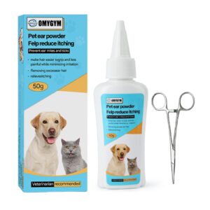 omygym cat ear cleaner powder for dogs - effective ear hair removal & odor control - gentle dog ear hair removal tool for pet grooming - remove ear wax & odor in pets (1 + 1pc ear hair puller)