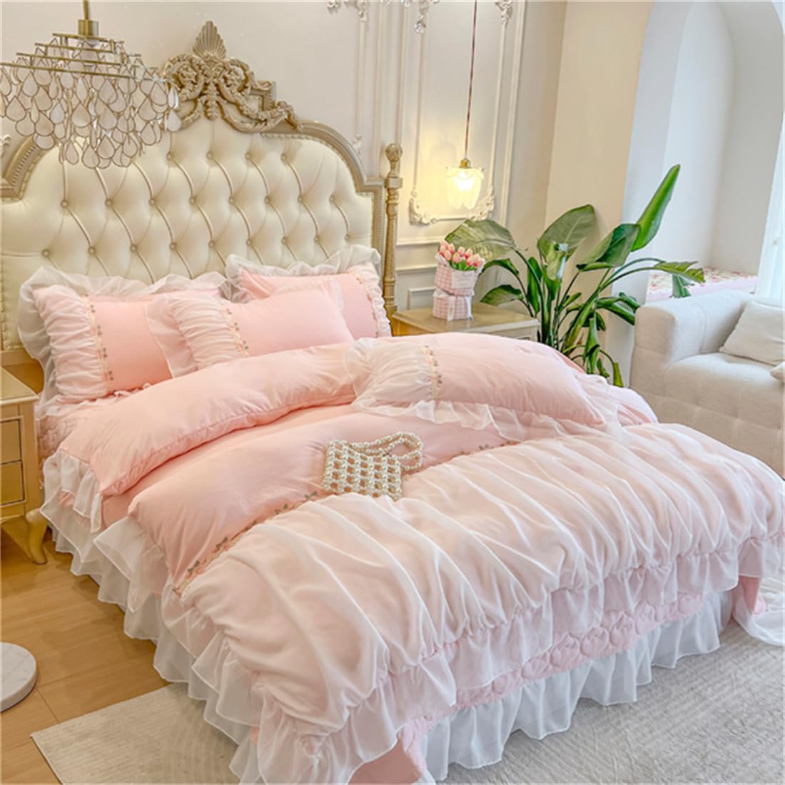 MOOWOO Pink Bedding-Romantic Ruffle Lace Bedding Set 2 Piece Comforter Twin Duvet Cover with Zipper Closure,Coquette Room Decor-Pink,Twin Size