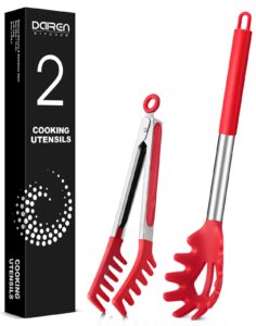 spaghetti spoon and pasta tong, non-stick silicone spoon server fork with teeth and stainless steel handle spaghetti tong, food clip for spaghetti noodle, red