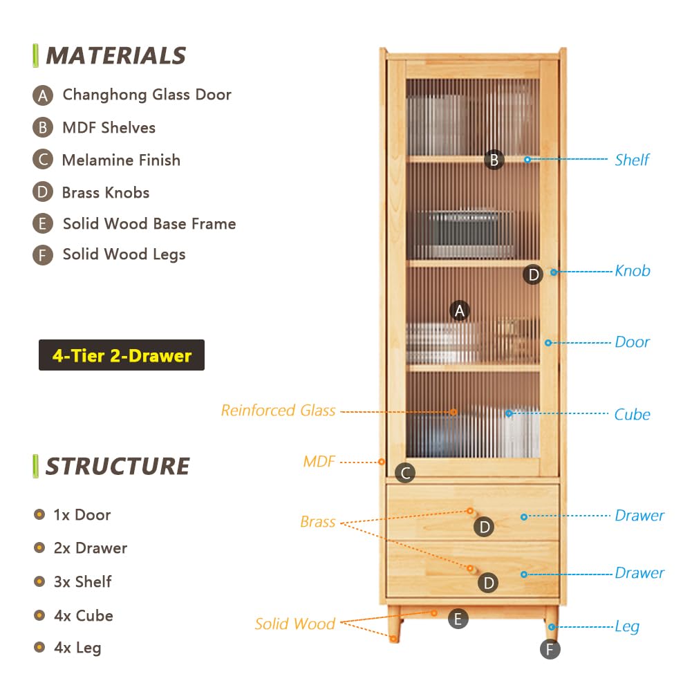 NELYE Wooden Glass Door Bookcase - 4-Tier Cube Bookshelf Storage Cabinet with Double Drawer and Adjustable Shelf, Solid Wood Legs Cupboard in Pear Yellow