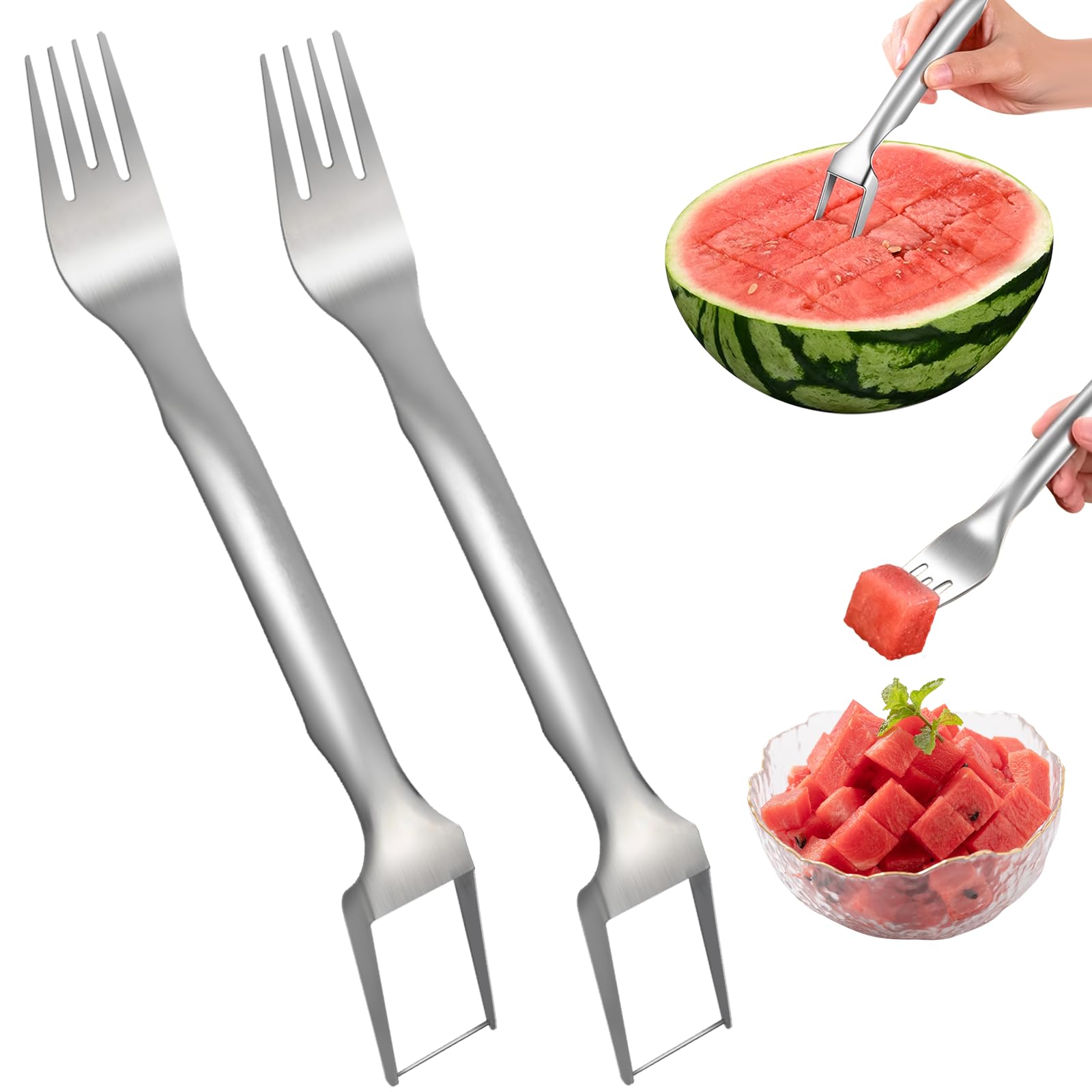 Aixoom 2PCS Watermelon Fork Cutter, 2-in-1 Stainless Steel Cutters, Dual Head Watermelon Slicer Knife, Kitchen Cutter Knife for Family