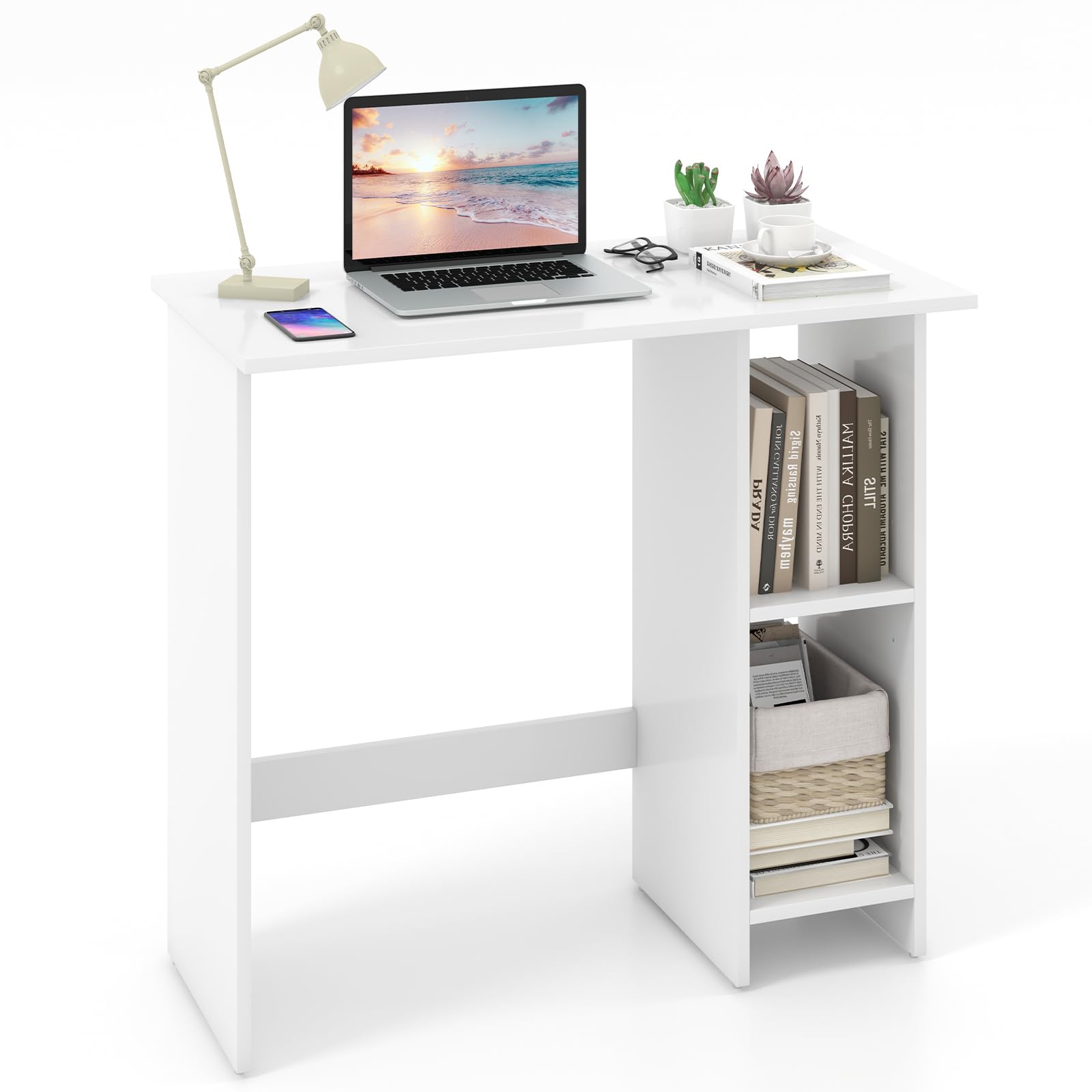 Giantex Small White Desk, Compact Study Writing Desk with 3-Position Adjustable Shelf, Anti-Toppling Kit, Modern PC Laptop Table, Home Office Computer Workstation for Small Space Bedroom Dorm