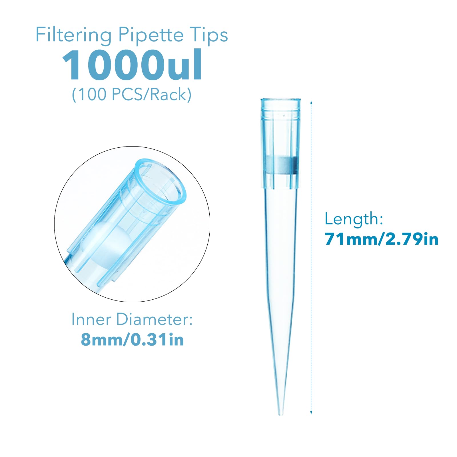 Estresen 1000ul Filter Pipette Tips 100Pcs x 1Rack, RNase DNase Free, Pryogen Safe, Universal MicroPipette Tips with Filter, Filtering Tips for Pipettor