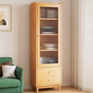 NELYE Wooden Glass Door Bookcase - 4-Tier Cube Bookshelf Storage Cabinet with Double Drawer and Adjustable Shelf, Solid Wood Legs Cupboard in Pear Yellow