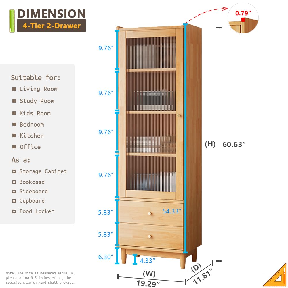 NELYE Wooden Glass Door Bookcase - 4-Tier Cube Bookshelf Storage Cabinet with Double Drawer and Adjustable Shelf, Solid Wood Legs Cupboard in Pear Yellow