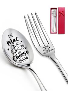 advivio 2pcs my mac and cheese spoon funny engraved stainless steel spoon fork set, dessert spoon dinner fork for mac and cheese lovers friends brother sister christmas birthday graduation gifts