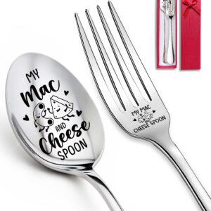 Advivio 2PCS My Mac and Cheese Spoon Funny Engraved Stainless Steel Spoon Fork Set, Dessert Spoon Dinner Fork for Mac and Cheese Lovers Friends Brother Sister Christmas Birthday Graduation Gifts