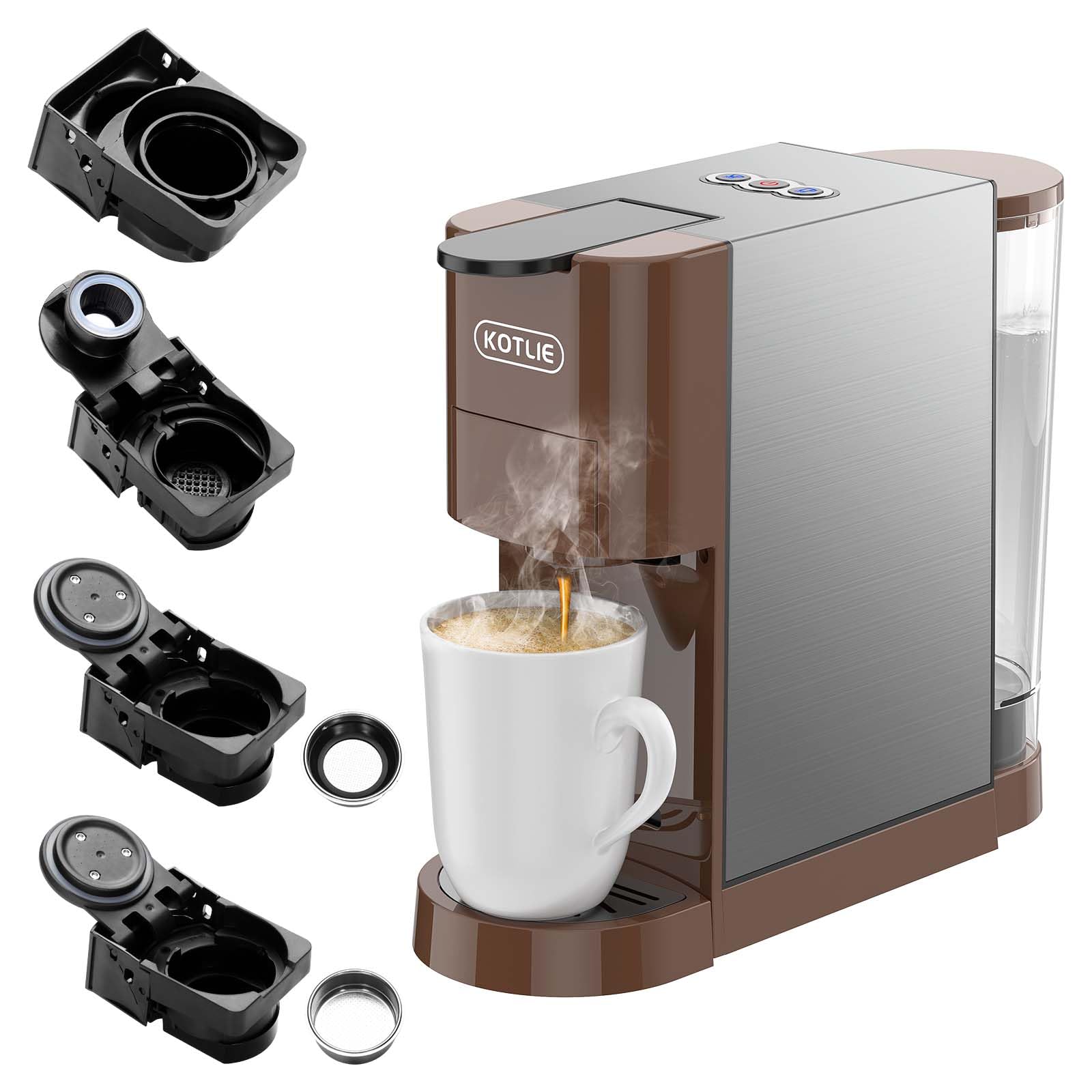 KOTLIE Multifunctional 4in1 Espresso Machine, 19Bar Pressure Single Serve Coffee Maker for NES* Original/Kcup Capsule/L’OR NES* Original Capsule/illy 44mm ESE coffee bag/Ground Coffee (AC-513H)