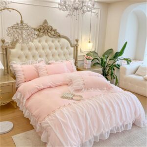 MOOWOO Pink Bedding-Romantic Ruffle Lace Bedding Set 2 Piece Comforter Twin Duvet Cover with Zipper Closure,Coquette Room Decor-Pink,Twin Size