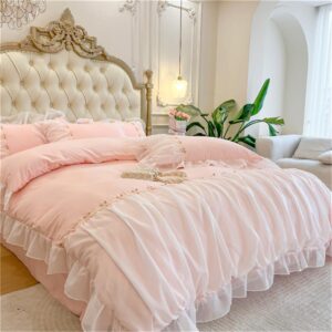 MOOWOO Pink Bedding-Romantic Ruffle Lace Bedding Set 2 Piece Comforter Twin Duvet Cover with Zipper Closure,Coquette Room Decor-Pink,Twin Size