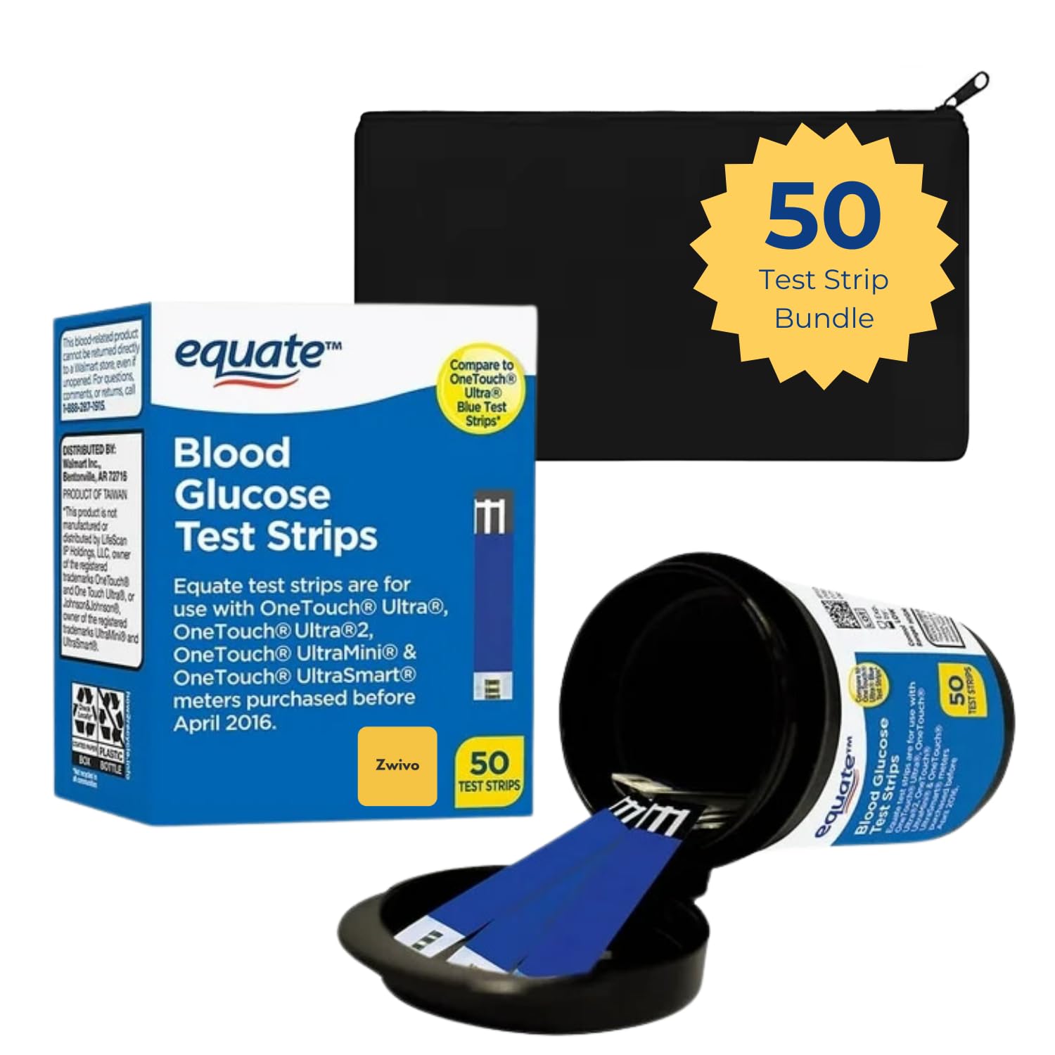 Zwivo Blood Glucose Test Strips Bundle with Equate Blood Glucose Test Strips 50ct & Travel Pouch Compatible with One Touch Ultra Test Strips, One Touch Ultra 2 Test Strips, Diabetic Test Strips