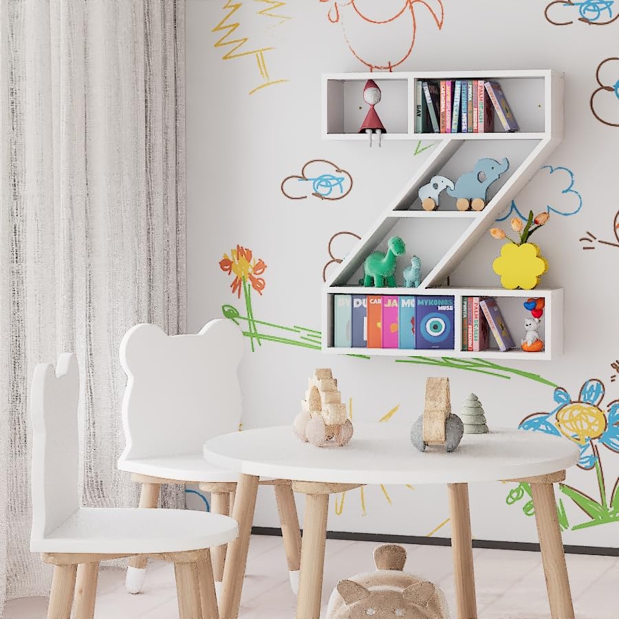 Beskadi White Wooden Letter Z Shelf - Floating Kids Bookshelf Wall Mounted, Z Letter Floating Shelves for Kids Room, Rectangle Bookcase for Wall Storage, Modern Display Shelves for Living Room,Bedroom