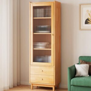 NELYE Wooden Glass Door Bookcase - 4-Tier Cube Bookshelf Storage Cabinet with Double Drawer and Adjustable Shelf, Solid Wood Legs Cupboard in Pear Yellow