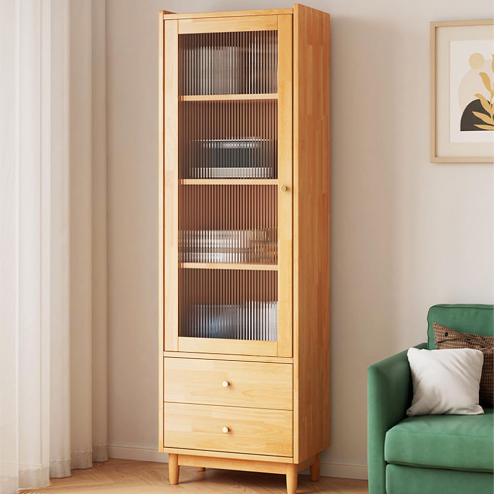 NELYE Wooden Glass Door Bookcase - 4-Tier Cube Bookshelf Storage Cabinet with Double Drawer and Adjustable Shelf, Solid Wood Legs Cupboard in Pear Yellow