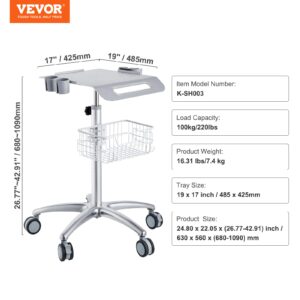 VEVOR Medical Cart, Salon Cart with Wheels, Mobile Trolley Cart 26.77"-42.91" Height Adjustable, Metal Salon Stations for Hair Stylist, Rolling Desktop Lab Cart for Clinic, Beauty and Salon